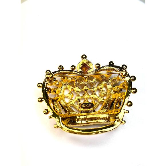 Kenneth Jay Lane Vintage Crown Brooch Pin Gold Tone Red Green Rhinestone - Picture 6 of 9